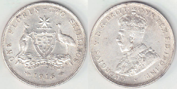 1916 Australia silver Florin (aEF) A003541